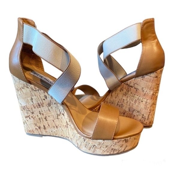 Steve Madden Wedge Sandals Neutral Strappy Cork Platform Sz8 - Picture 1 of 7